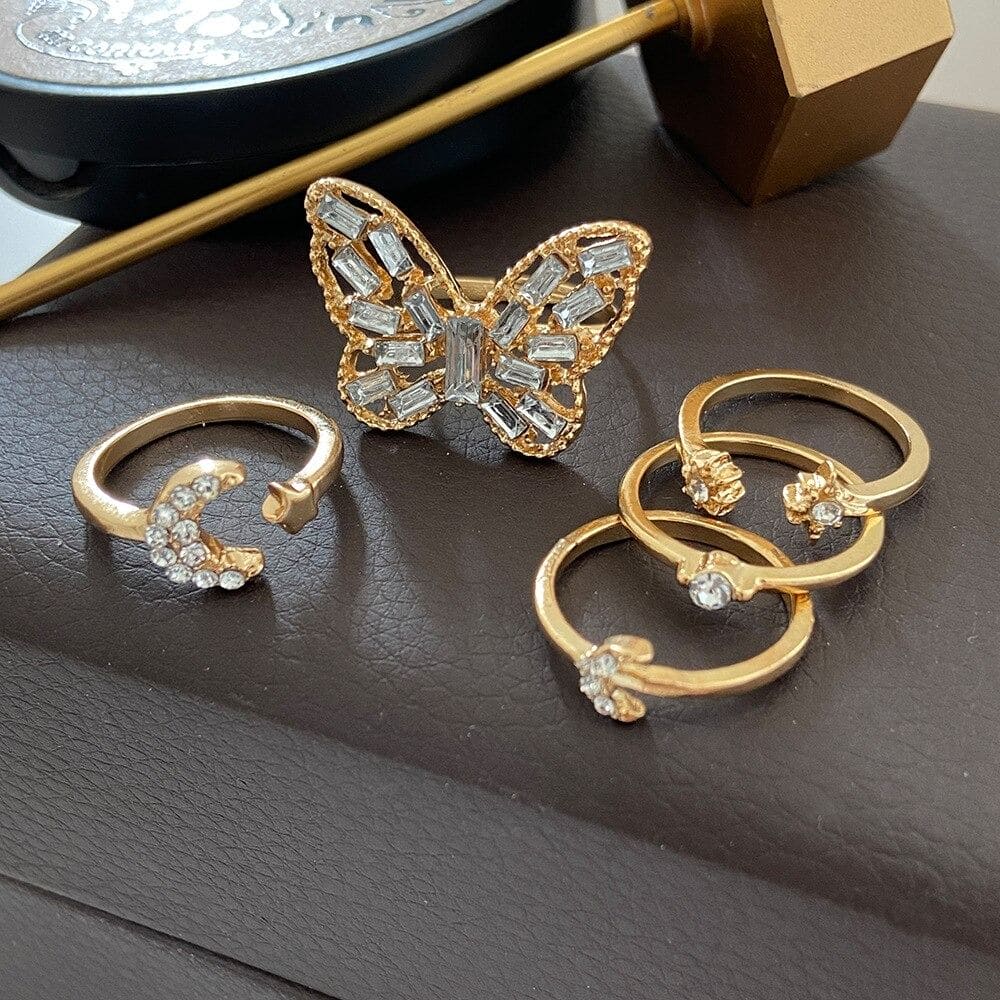 Set Of 5 Alloy Butterfly Star Moon Set Open Rings, Crystal Star Moon Butterfly Knuckle Finger Ring Set, Cartoon Moon Finger Rings Star Heart Jewellery Set Of 5 Alloy Butterfly Star Moon Set Open Rings, Crystal Star Moon Butterfly Knuckle Finger Ring Set, Cartoon Moon Finger Rings Star Heart Jewellery